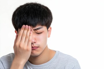 Fototapeta premium Young man rubs eye in pain.