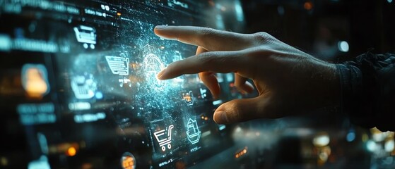 Digital ecommerce interaction with a man s finger on a glowing hologram displaying shopping cart and retail icons, modern technology