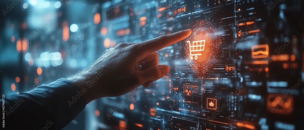 Aufkleber digital shopping concept with a man s finger activating a glowing hologram displaying shopping cart 