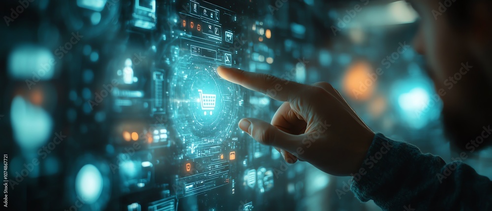Aufkleber Digital shopping concept with a man s finger activating a glowing hologram displaying shopping cart and ecommerce icons