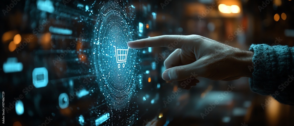 Poster digital shopping concept with a man s finger activating a glowing hologram displaying shopping cart 