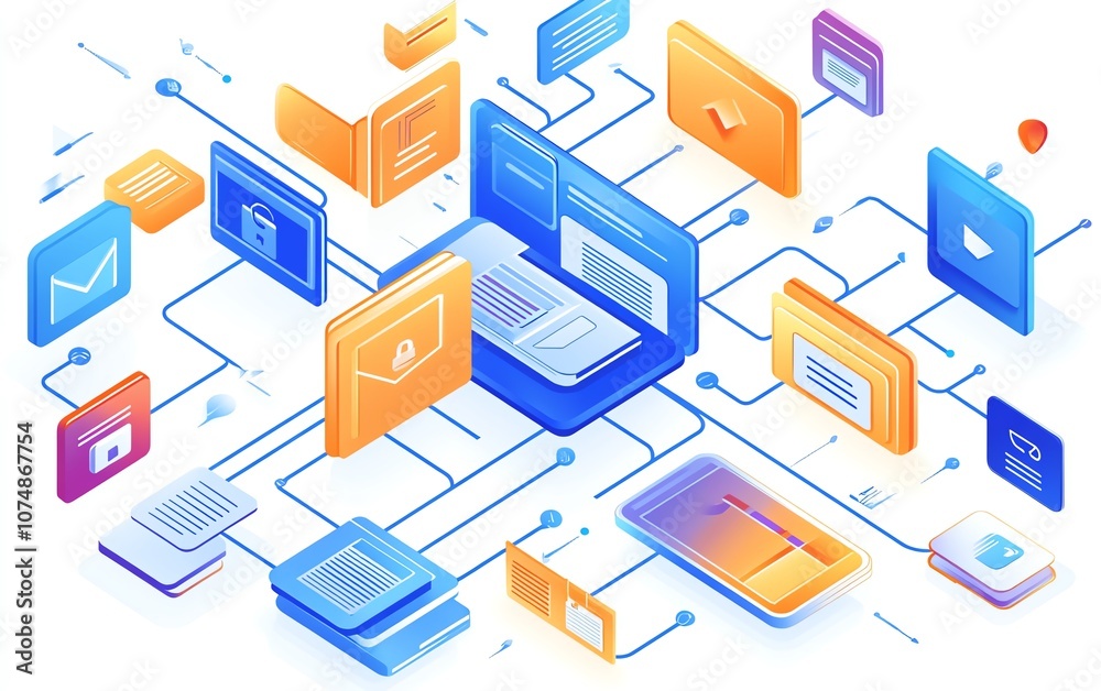 Poster File organization concept with digital document and folder icons linked on white background, visualizing efficient data management system