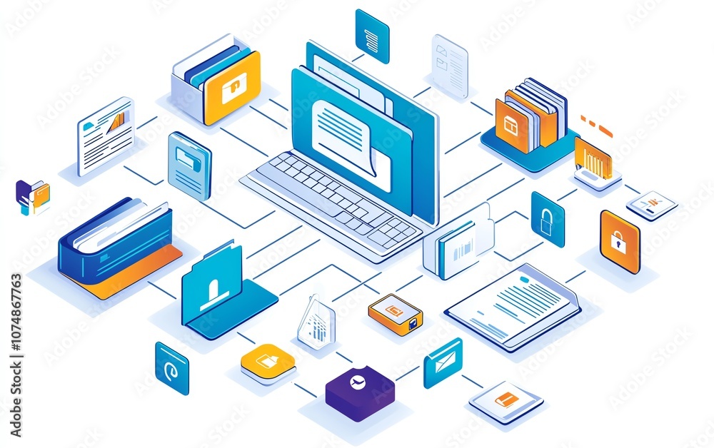 Aufkleber File organization concept with digital document and folder icons linked on white background, visualizing efficient data management system