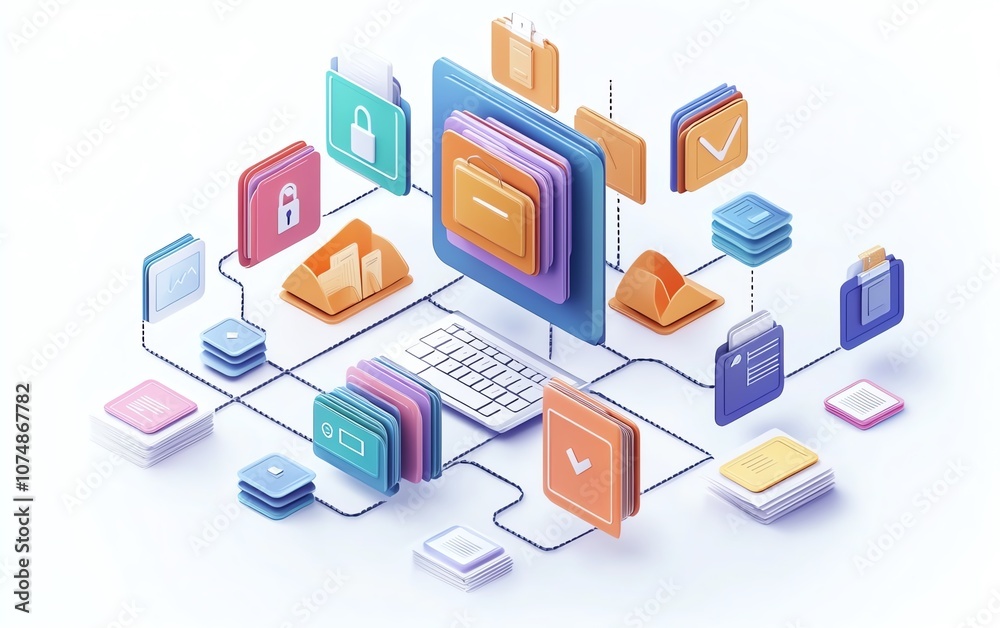 Poster File organization concept with digital document and folder icons linked on white background, visualizing efficient data management system