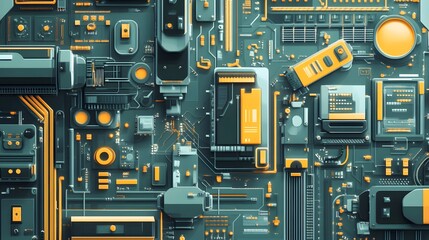 Fototapeta premium Manufacturing Automation. Advanced High Precision Robot Arms on Automated PCB Assembly Line Inside Modern Electronics Factory. Electronic Devices Production Industry. Component Installation Process.