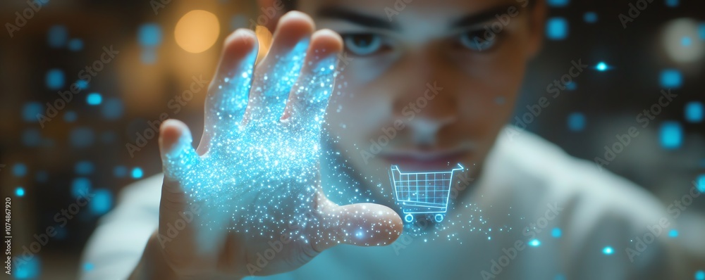 Poster Futuristic ecommerce concept with a man s finger touching a hologram displaying shopping cart and digital retail icons