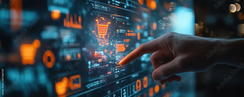 Poster Futuristic ecommerce concept with a man s finger touching a hologram displaying shopping cart and digital retail icons
