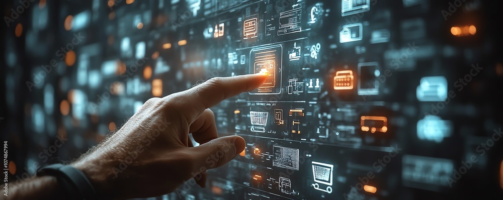 Poster Futuristic ecommerce concept with a man s finger touching a hologram displaying shopping cart and digital retail icons