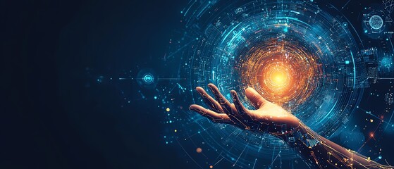 Futuristic legal scene with hand interacting with AI and legal icons, set against a striking blue background, showcasing modern law