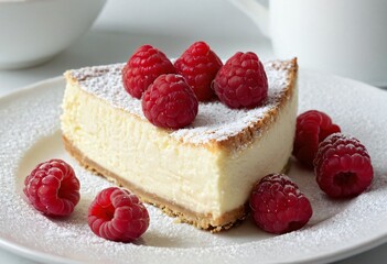 Close-up of a slice of cheesecake with a smooth, creamy texture, topped with fresh raspberries and a dusting of powdered sugar, served on a white plate. Ai generated image.