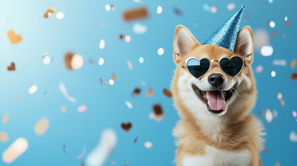A cheerful Shiba Inu wearing retro heart-shaped sunglasses and a shimmering blue party hat, set against a backdrop of falling confetti and vibrant decorations
