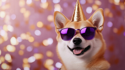 A stylish Shiba Inu in oversized purple sunglasses and a metallic gold party hat, seated against a dynamic background of confetti and festive streamers