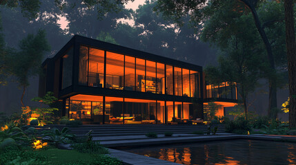 Obraz premium A modern house with large glass windows and warm lights, surrounded by trees, reflects a cozy atmosphere during twilight for architecture.