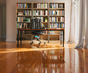 3d render of study room, office or library background with book shelf