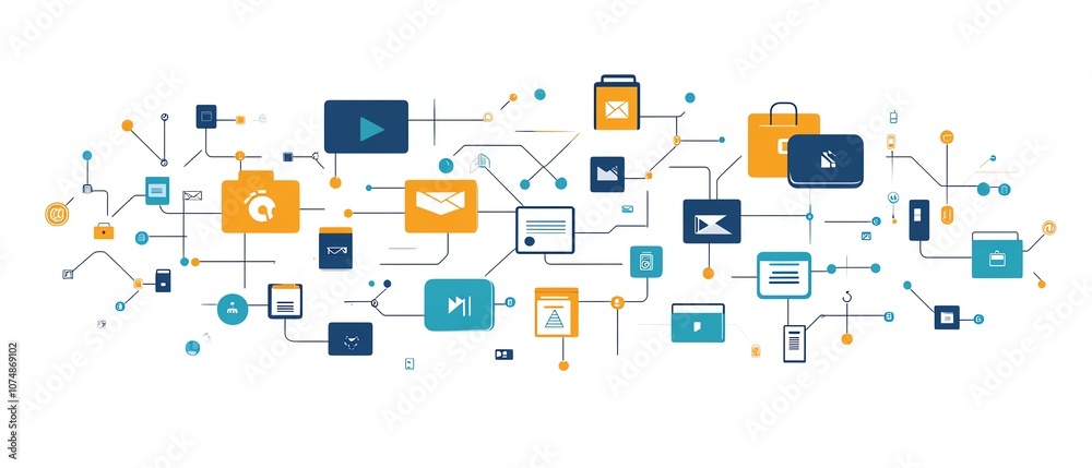 Poster Interconnected digital folder and document icons, isolated on white background, representing effective data management and file structure