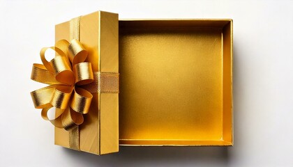 Gold gift box with an open lid, decorated with a gold ribbon