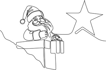 One continuous line drawing Santa Claus on reindeer and sled. concept for Christmas and New Year. vector illustration. Vector illustration