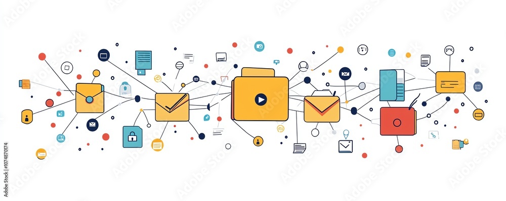 Fototapete Minimalistic design of digital folder and document icons interconnected, isolated on white background, symbolizing data flow and organization