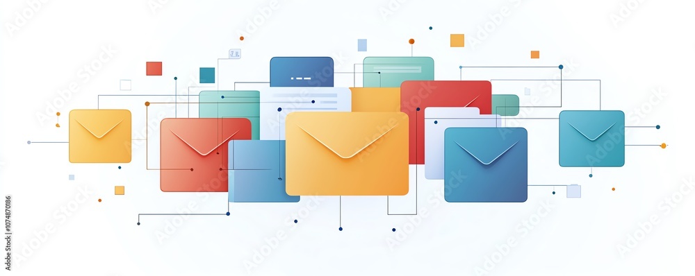 Poster Minimalistic design of digital folder and document icons interconnected, isolated on white background, symbolizing data flow and organization