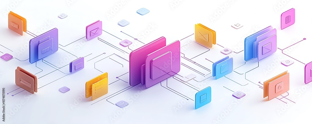 Leinwandbilder minimalistic design of digital folder and document icons interconnected, isolated on white backgroun