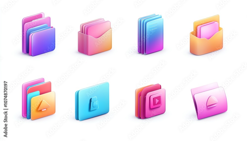 Poster Set of interconnected digital document and folder icons, isolated on white background, representing organized data management system
