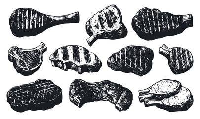 Grilled Meat Hand-Drawn Linocut Grunge Texture Vector Set White Background with Distressed Design Culinary Art Vintage Graphics Barbecue Collection Meat Cuts Icons Cooking Design