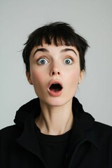 A surprised woman with wide eyes and an open mouth.