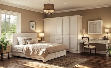 Modern Bedroom Interior Design with White Furniture and Wooden Floor
