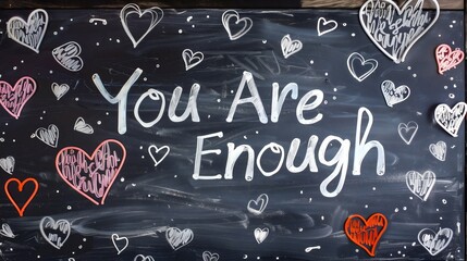 "You Are Enough" – an inspiring affirmation with a colorful, heartfelt message on a chalkboard design to uplift, motivate, and encourage self-love and personal growth.