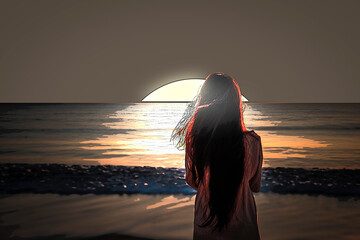 水平線に沈む太陽と後ろ姿の女性