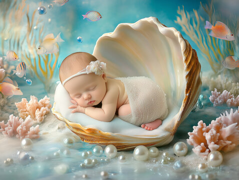 A serene newborn nestled in a giant seashell surrounded by pearls and underwater scenery