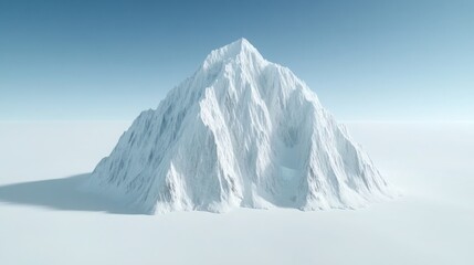 A majestic, snow-covered mountain stands alone in a clear sky, surrounded by a vast expanse of white, evoking a sense of tranquility and isolation.
