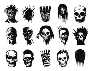 Fototapeta premium Grunge Punk Linocut Vector Illustrations On White Edgy Designs Alternative Art Styles Bold Graphic Elements Unique Tattoo Inspirations Aesthetic Distressed Textures Creative