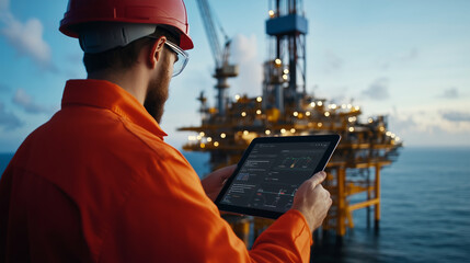 An operator monitors drilling operations from a distance using a tablet interface, with a comprehensive dashboard visible, and the rig towering against a clear blue sky.