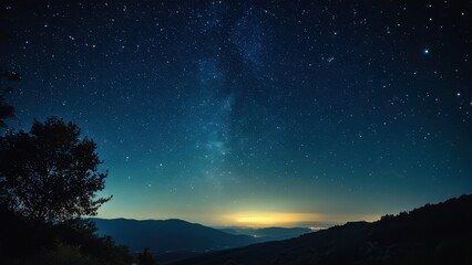 Naklejka premium Stunning night sky panorama with sparkling stars, a tranquil lake, and distant mountains. Perfect for nature lovers and astronomy enthusiasts