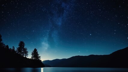 Naklejka premium Stunning night sky panorama with sparkling stars, a tranquil lake, and distant mountains. Perfect for nature lovers and astronomy enthusiasts