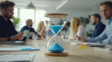 An hourglass sits on a table in a meeting room as a group of professionals work in the background.