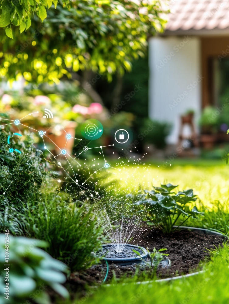 Poster this vibrant garden showcases advanced technology, including automated sprinklers and soil sensors, 