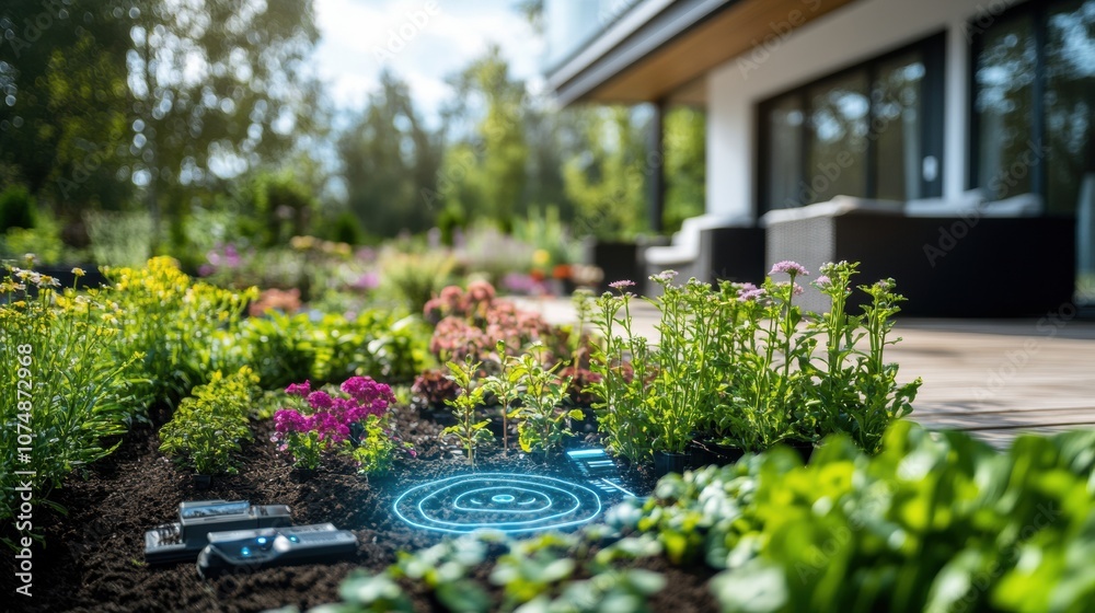 Poster Lush flowers and plants thrive in a smart garden featuring advanced soil sensors and automated sprinklers that provide optimal care. Generative AI