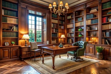 a library with a green chair and a table with a lamp on it