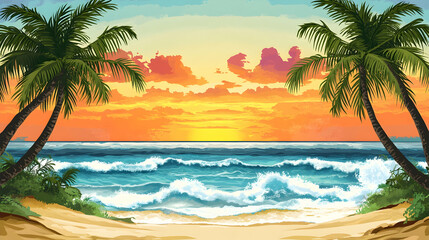 Obraz premium A picturesque sunset over a tropical beach with palm trees and turquoise waves crashing on the shore.