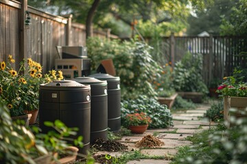 Obraz premium The tranquil garden features several compost bins surrounded by flourishing flowers and greenery, creating a serene atmosphere filled with vibrant colors and natural beauty