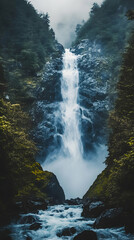 A powerful waterfall cascades down a rocky cliff, surrounded by lush greenery.