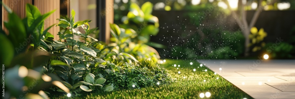 Poster this lush garden features automated sprinklers and soil sensors, enhancing plant growth while enjoyi
