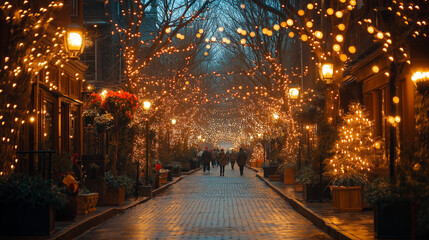 Magical Christmas Street with Festive Lights and Holiday Decorations in Cozy Evening Setting