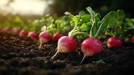 Fresh radishes emerge from rich soil, showcasing vibrant colors and healthy greens in a sunlit garden setting.