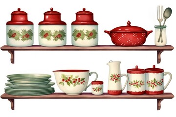 Fototapeta premium PNG Christmas printed kitchen ware porcelain shelf food.