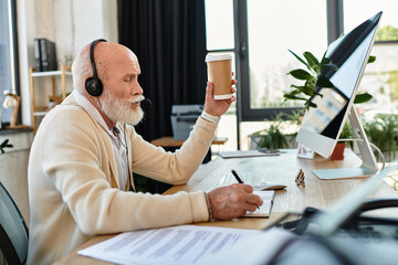 A stylish senior professional sips coffee while jotting notes at a sleek office desk, deep in...