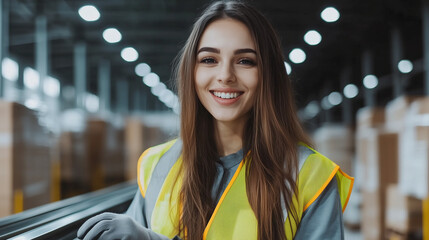A cheerful female warehouse worker in a reflective vest and gloves, standing by a conveyor belt, symbolizing professionalism and enthusiasm in logistics.