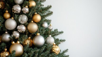 A decorated Christmas tree with golden and silver ornaments against a plain background.
